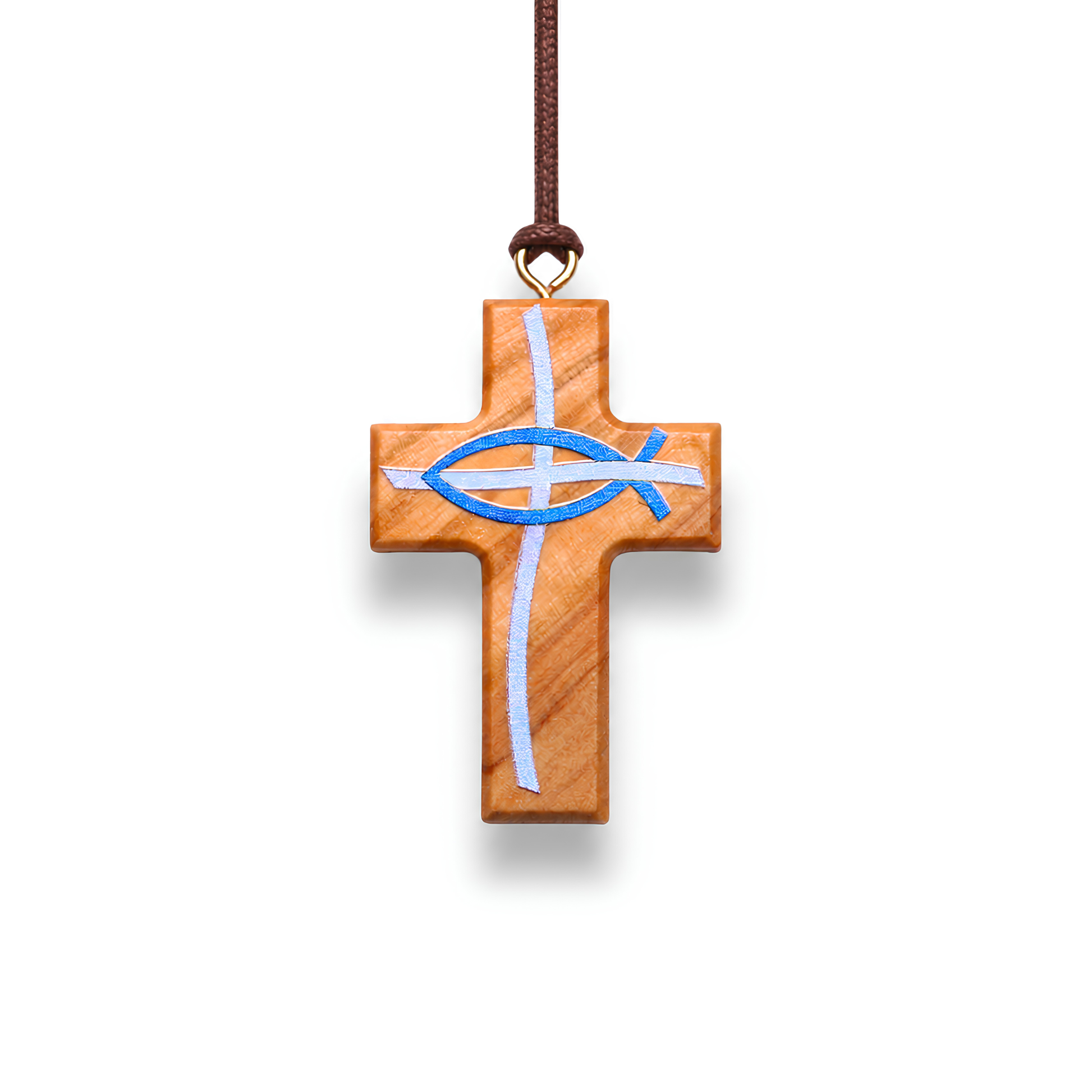 Olive wood cross pendant with fish symbol on a white background