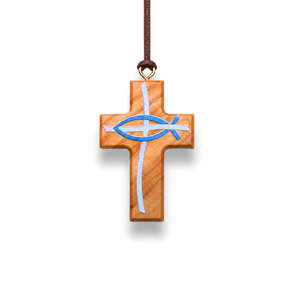 Olive wood cross pendant with fish symbol on a white background