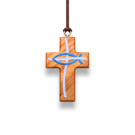 Olive wood cross pendant with fish symbol on a white background