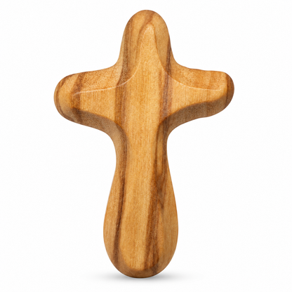 A wooden cross with a smooth, polished finish and natural wood grain, shown on a clean white background.