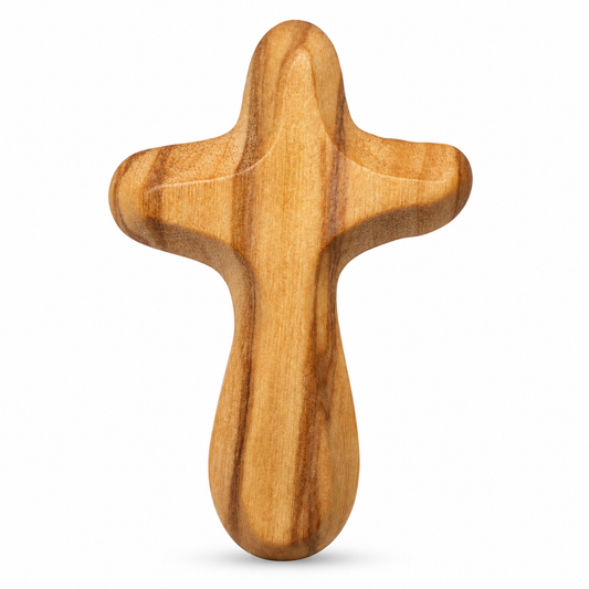 A wooden cross with a smooth, polished finish and natural wood grain, shown on a clean white background.