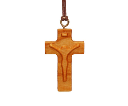 Christ Silhouette Olive Wood Cross Necklace Close Up