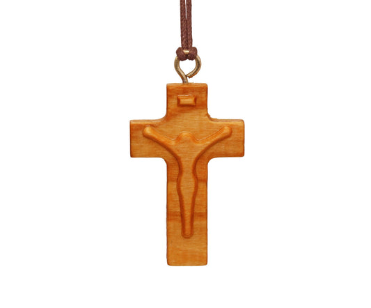 Christ Silhouette Olive Wood Cross Necklace Close Up