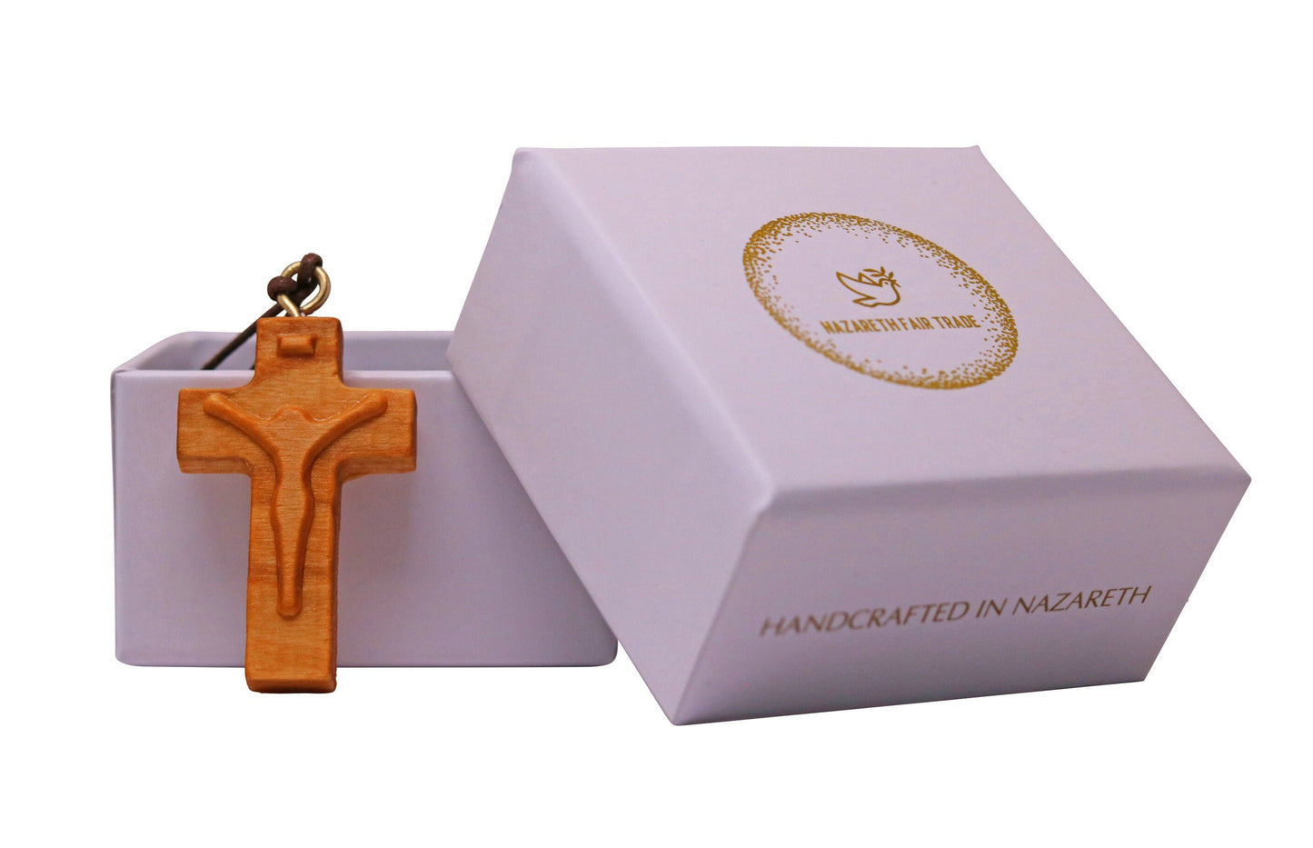 Christ Silhouette Olive Wood Cross Necklace Outside Gift Box