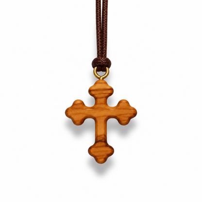 Detail view of Original Olive Wood Orthodox Cross Necklace
