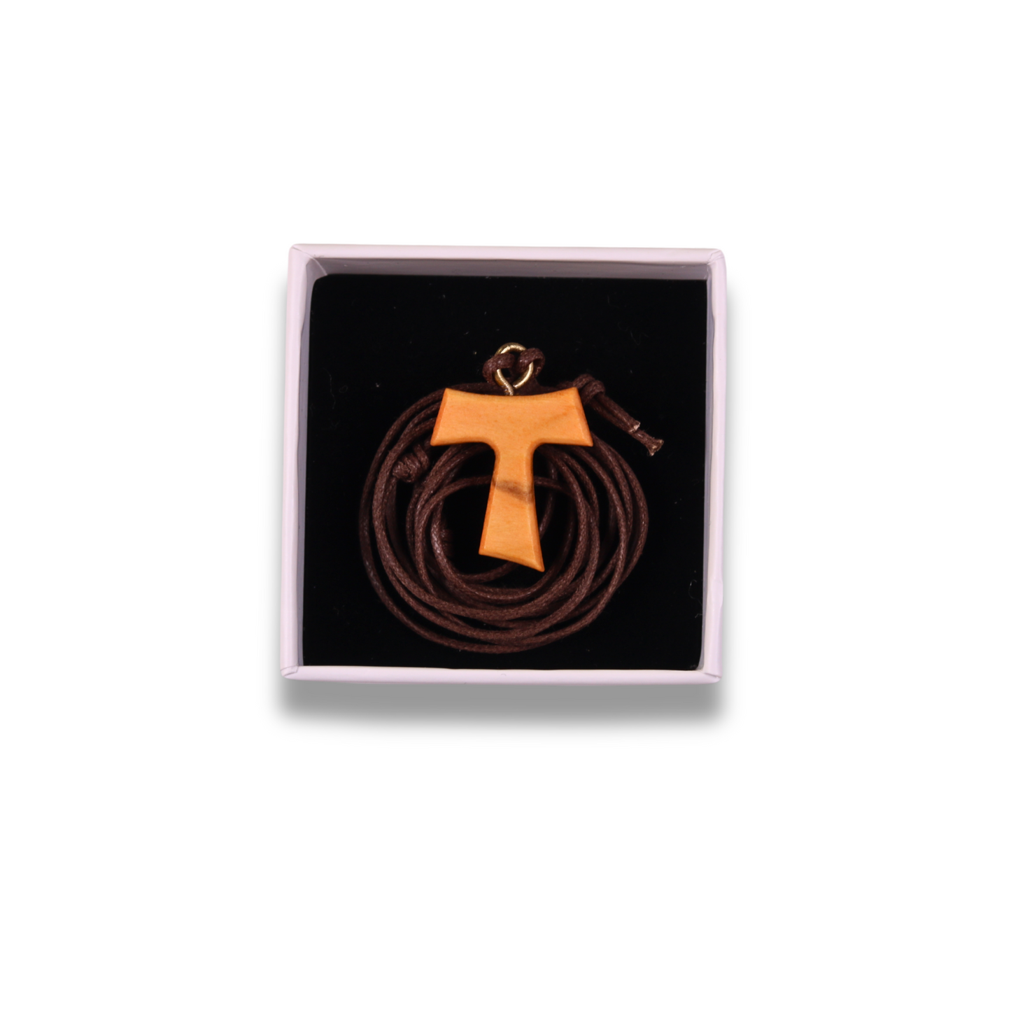 Franciscan Tau Cross Necklace Close Up in a gift box
