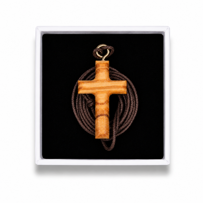 Classic Olive Wooden Cross Necklace close up Full Length