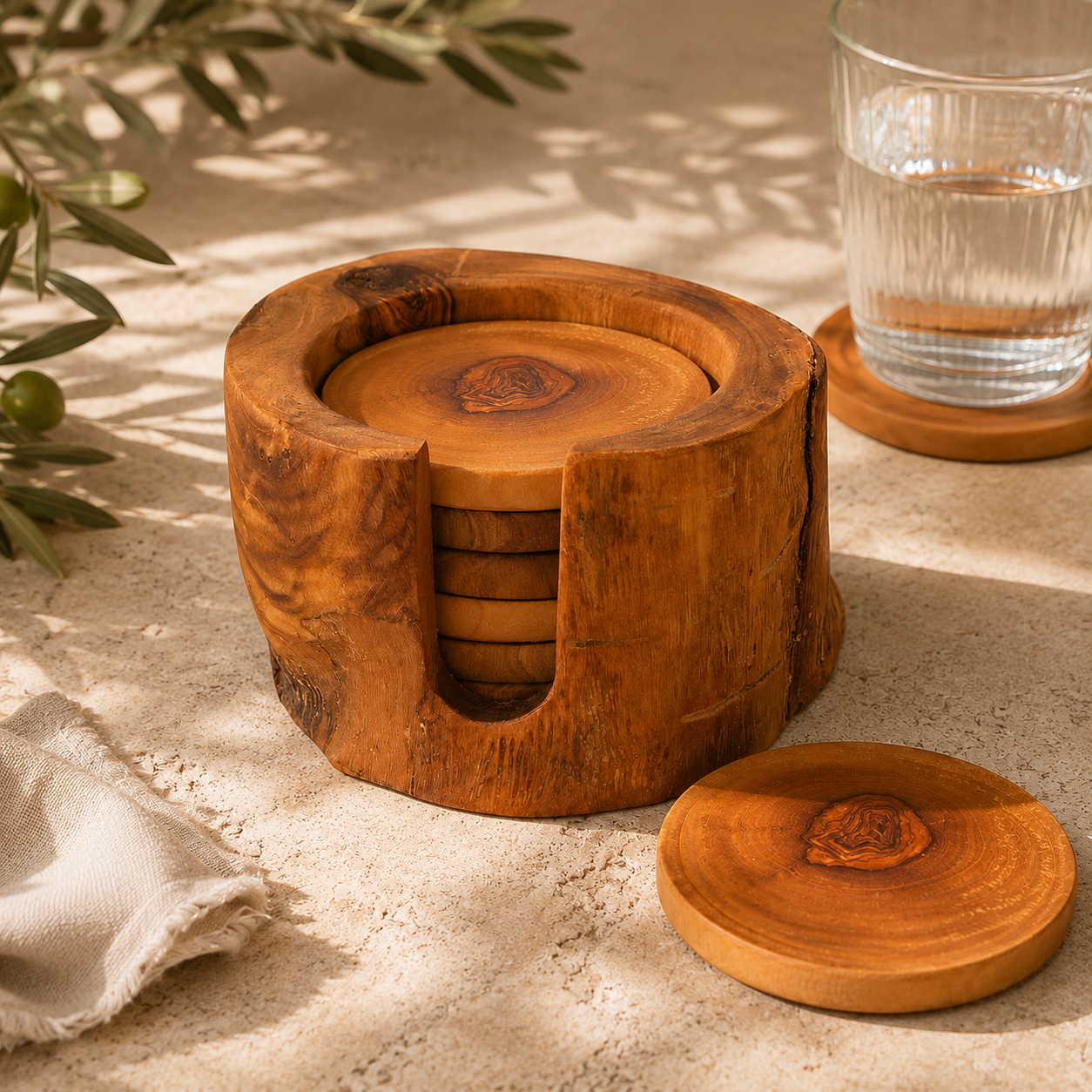 Olive Wood Coaster Set