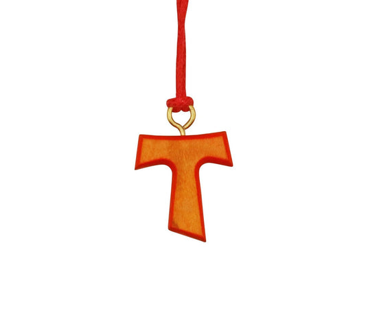 Crimson Love Olive Wood Tau Cross Necklace Close Up
