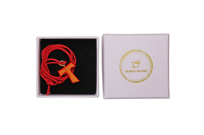Crimson Love Olive Wood Tau Cross Necklace In Gift Box