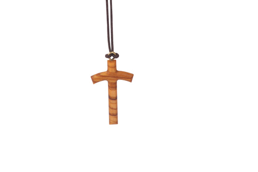 Curved Elegance Olive Wood Cross Necklace Close Up