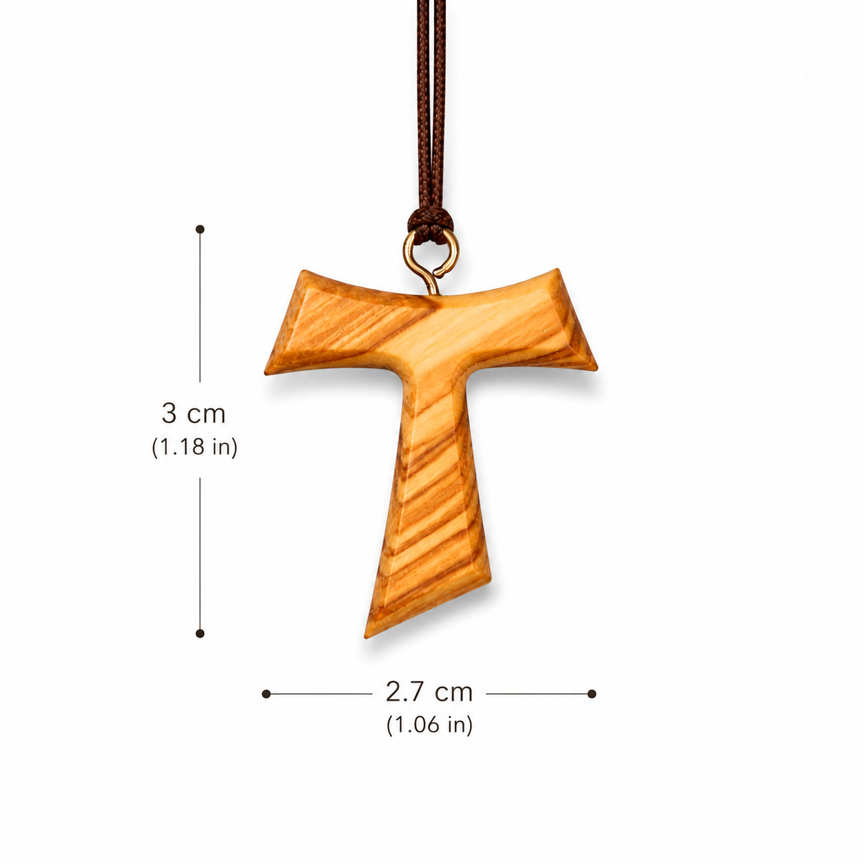 A wooden cross pendant with a natural wood grain finish, hanging from a dark brown cord. Black dimension lines and text indicate a height of 3 cm 