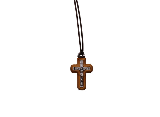Divine Harmony Olive Wood Crucifix Necklace Close Up Image