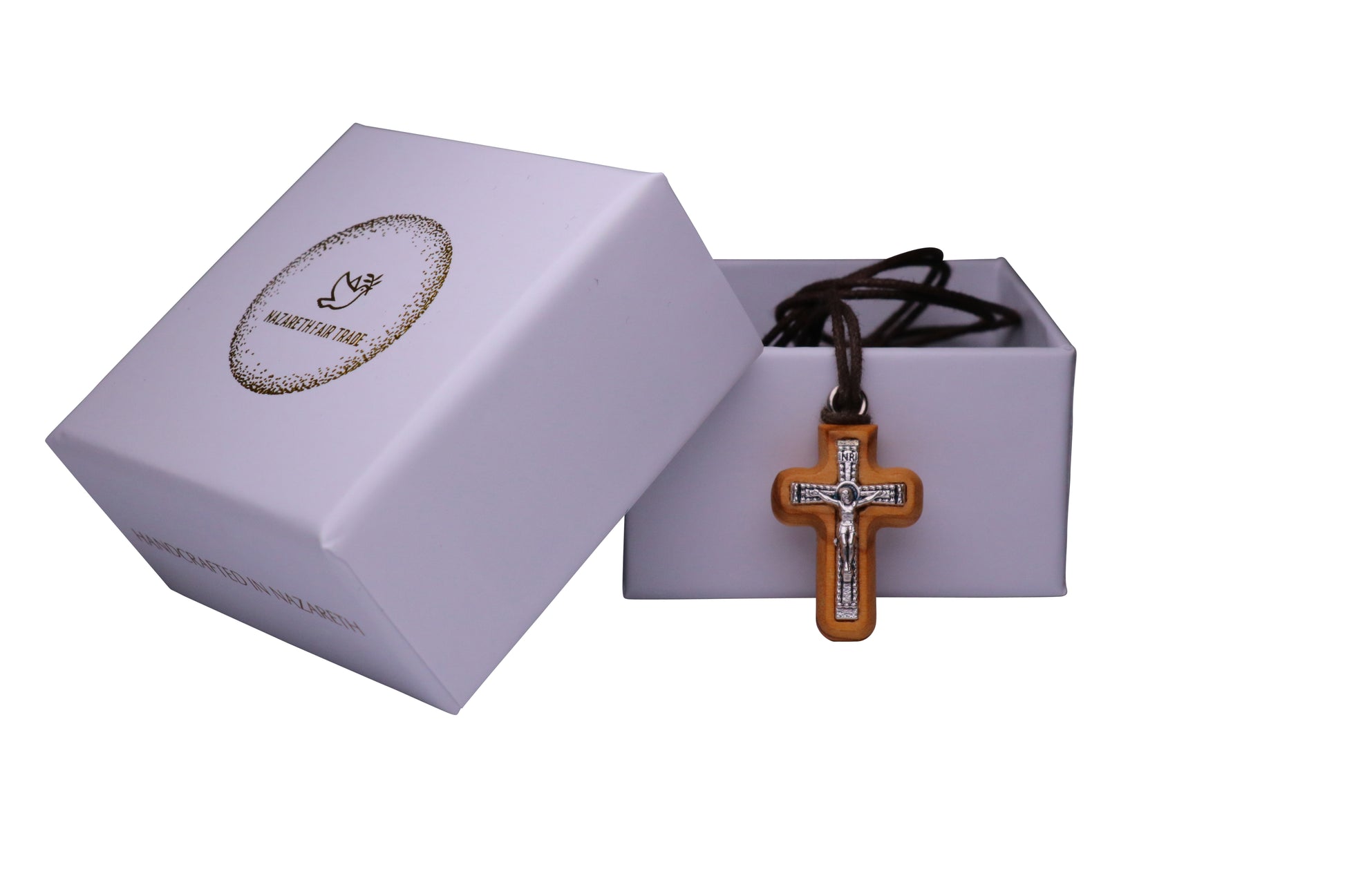 Divine Harmony Olive Wood Crucifix Necklace Outside Gift Box