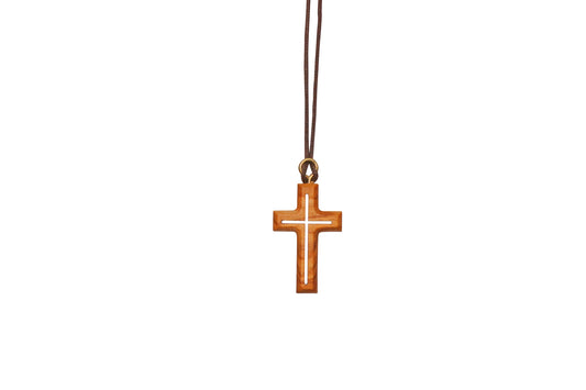 Dual Essence Olive Wood Cross Necklace Close Up