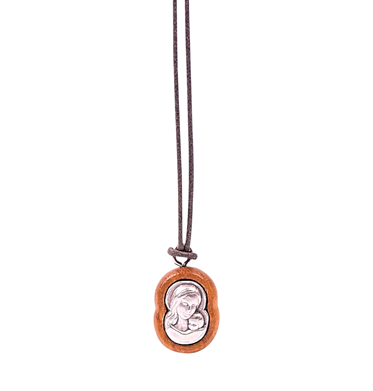 Embrace of Grace Virgin Mary & Jesus Olive Wood Necklace Close Up
