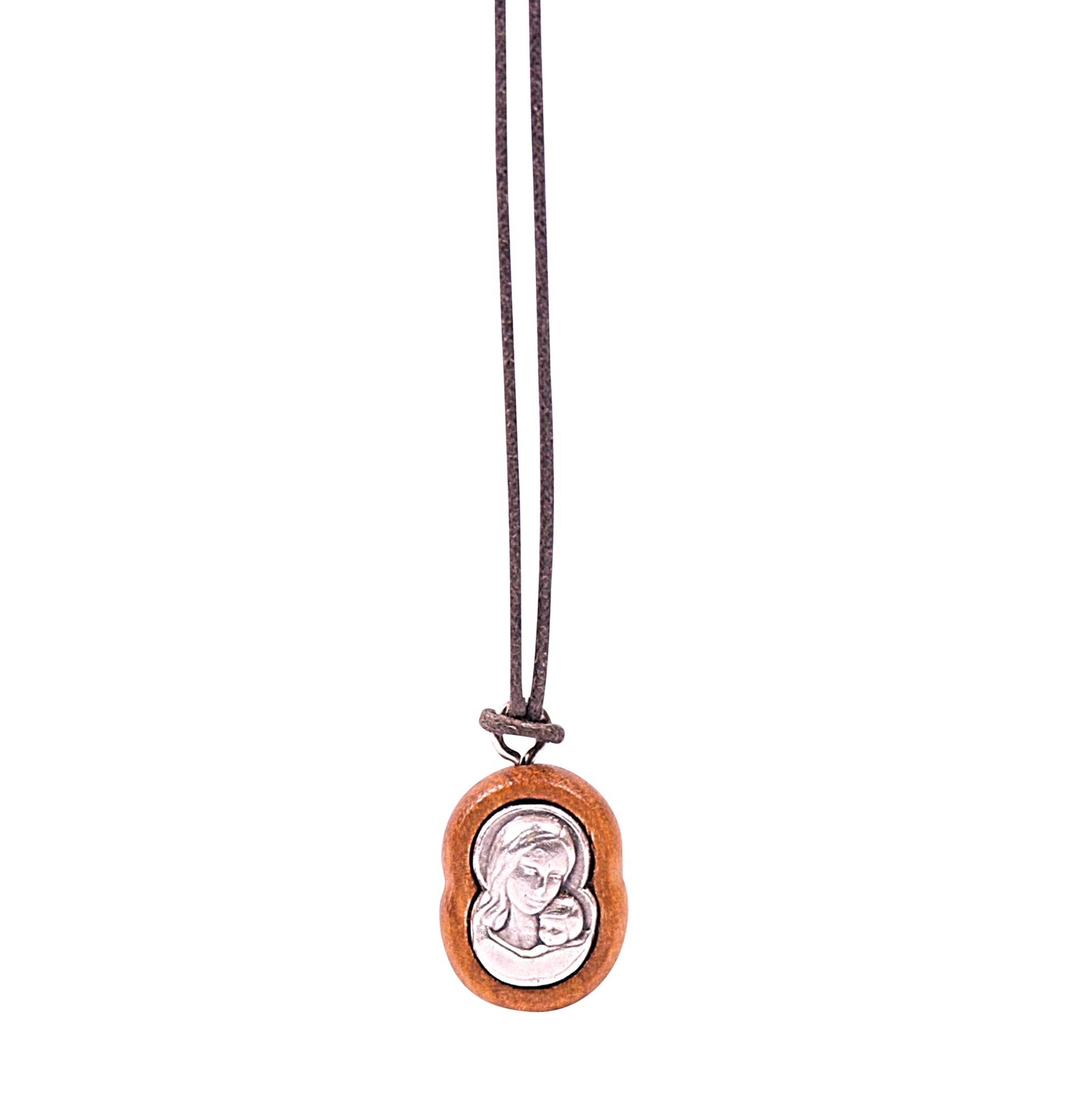 Embrace of Grace Virgin Mary & Jesus Olive Wood Necklace Close Up