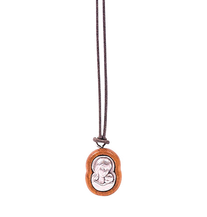 Embrace of Grace Virgin Mary & Jesus Olive Wood Necklace Close Up
