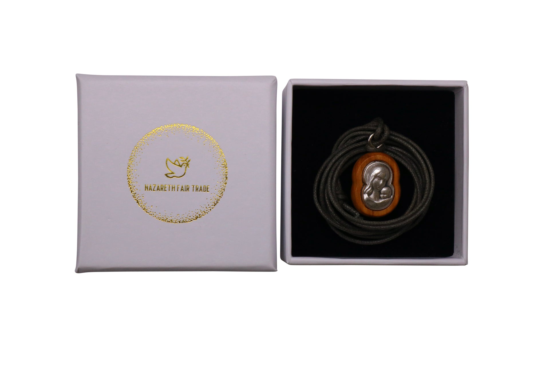 Embrace of Grace Virgin Mary & Jesus Olive Wood Necklace in Gift Box