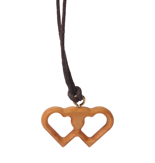 Entwined Hearts Olive Wood Necklace Close Up