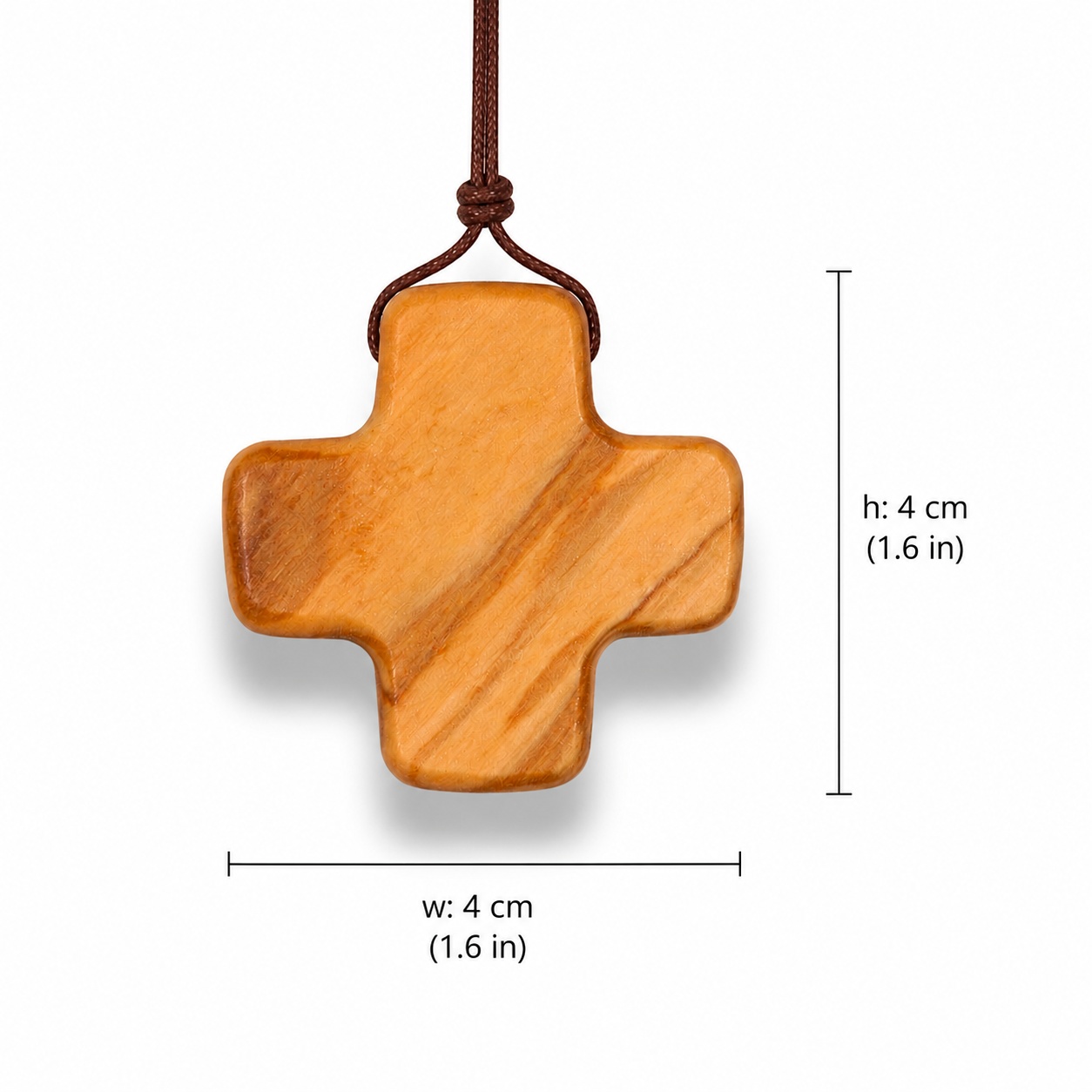 Wooden cross pendant with dimensions on a white background