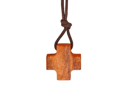 Equilibrium Olive Wood Greek Cross Necklace Close Up