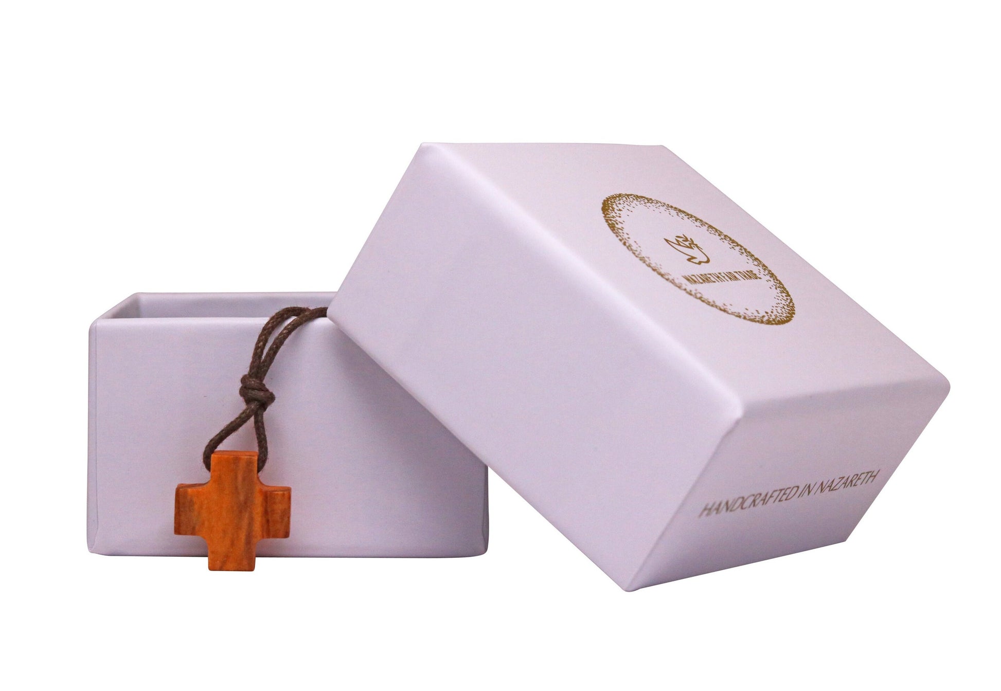 Equilibrium Olive Wood Greek Cross Necklace Outside Gift Box