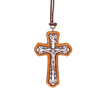 Flared Metal Crucifix in Olive Wood Frame Necklace Close Up