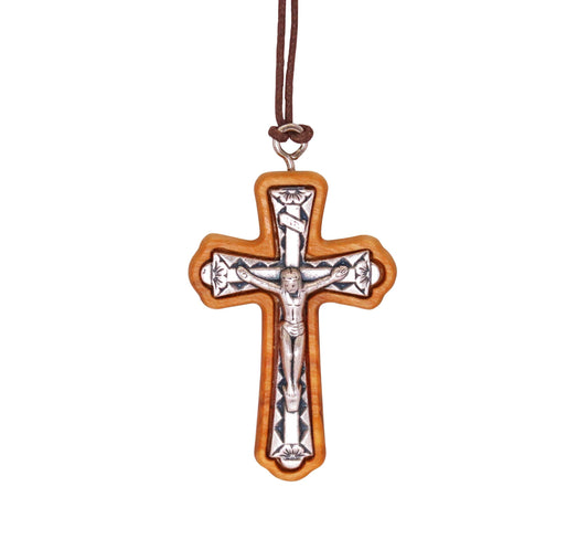 Flared Metal Crucifix in Olive Wood Frame Necklace Close Up