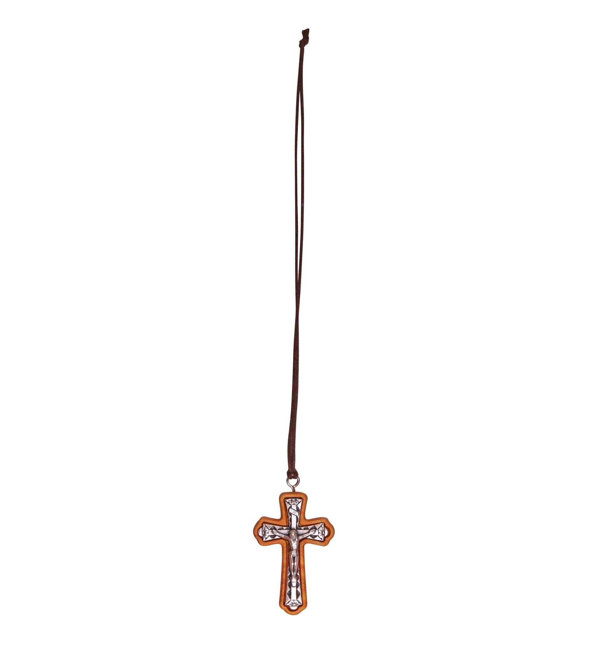 Flared Metal Crucifix in Olive Wood Frame Necklace With Cord