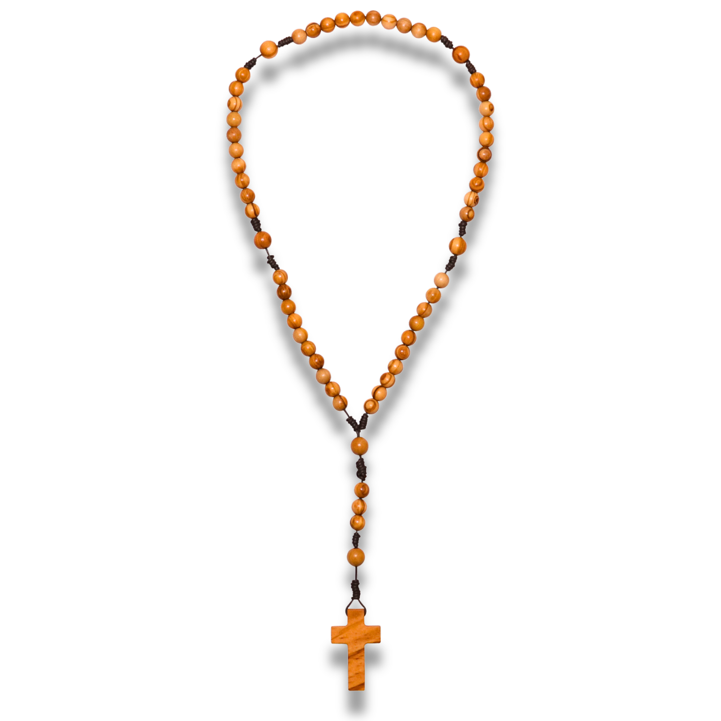 Olive wood rosary with a cross pendant on a white background