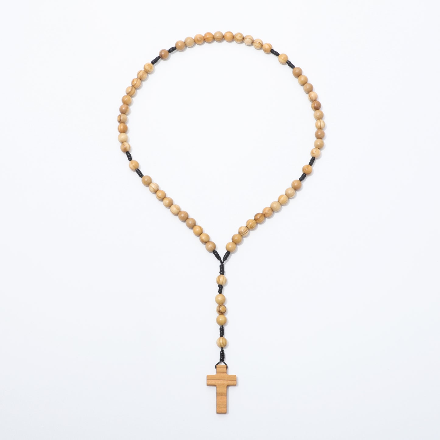 Olive wood rosary with a cross pendant on a white background
