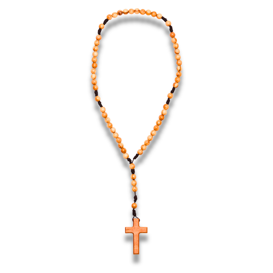 Olive wood rosary with a cross pendant on a white background