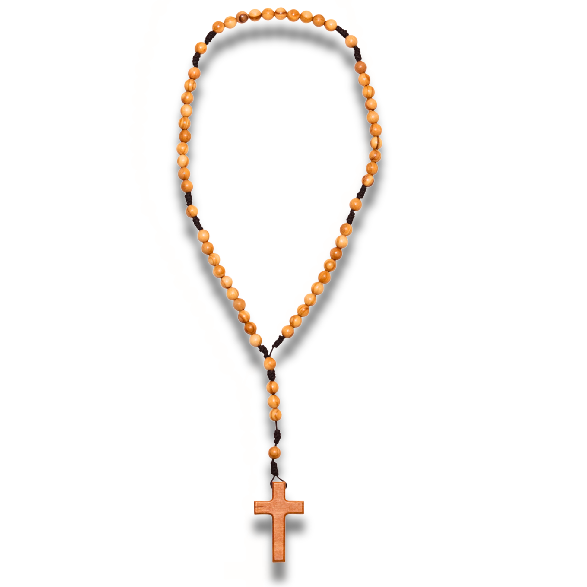 Olive wood rosary with a cross pendant on a white background