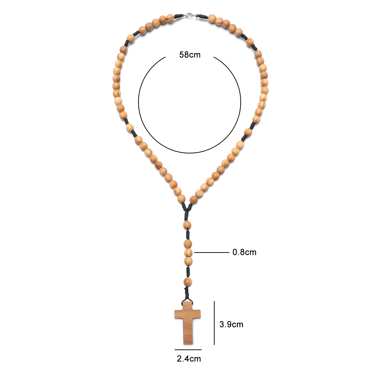 Wooden rosary necklace with measurements on a white background