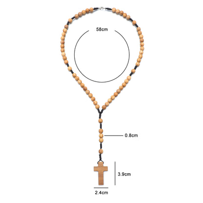 Wooden rosary necklace with measurements on a white background