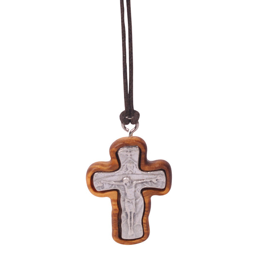 Gentle Curve Olive Wood Metal Crucifix Necklace close up