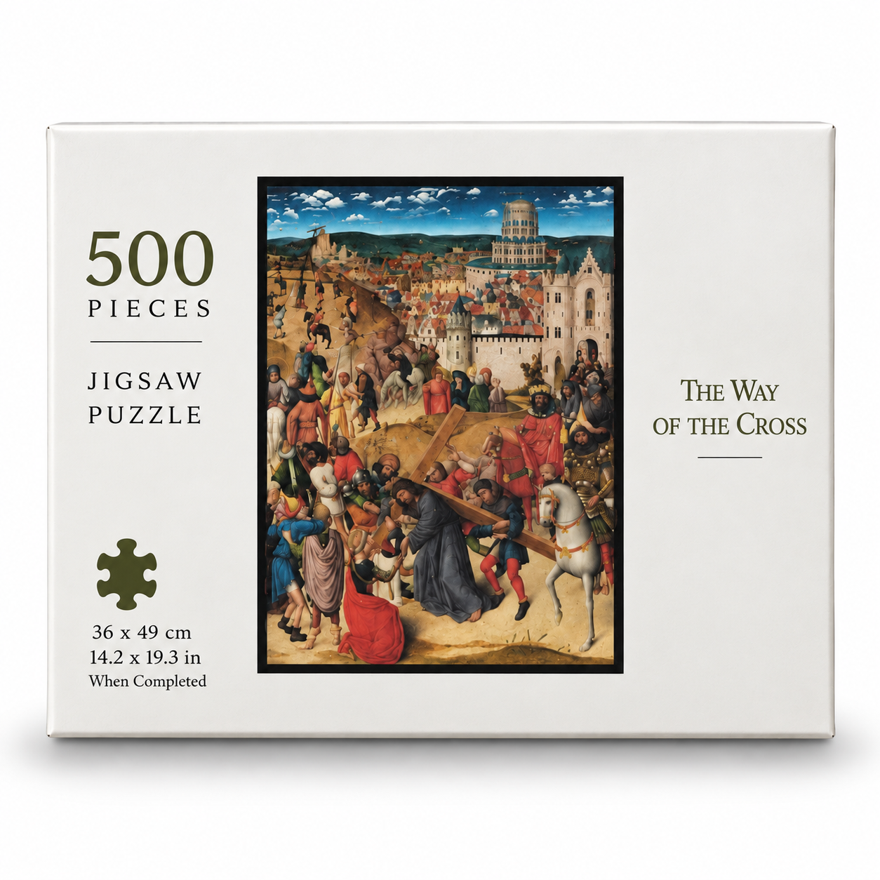 A 500-piece jigsaw puzzle box titled 'The Way of the Cross,' featuring a reproduction of a medieval religious scene on the front. The box is off-white with dark green and black text and shows dimensions when completed.