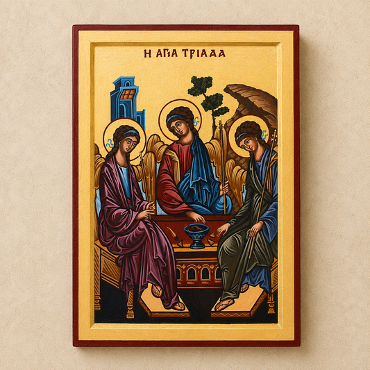 A framed Byzantine-style religious icon painting on a beige wall. The artwork shows three haloed figures seated around a table, with gold, blue, purple, brown, and black tones throughout.