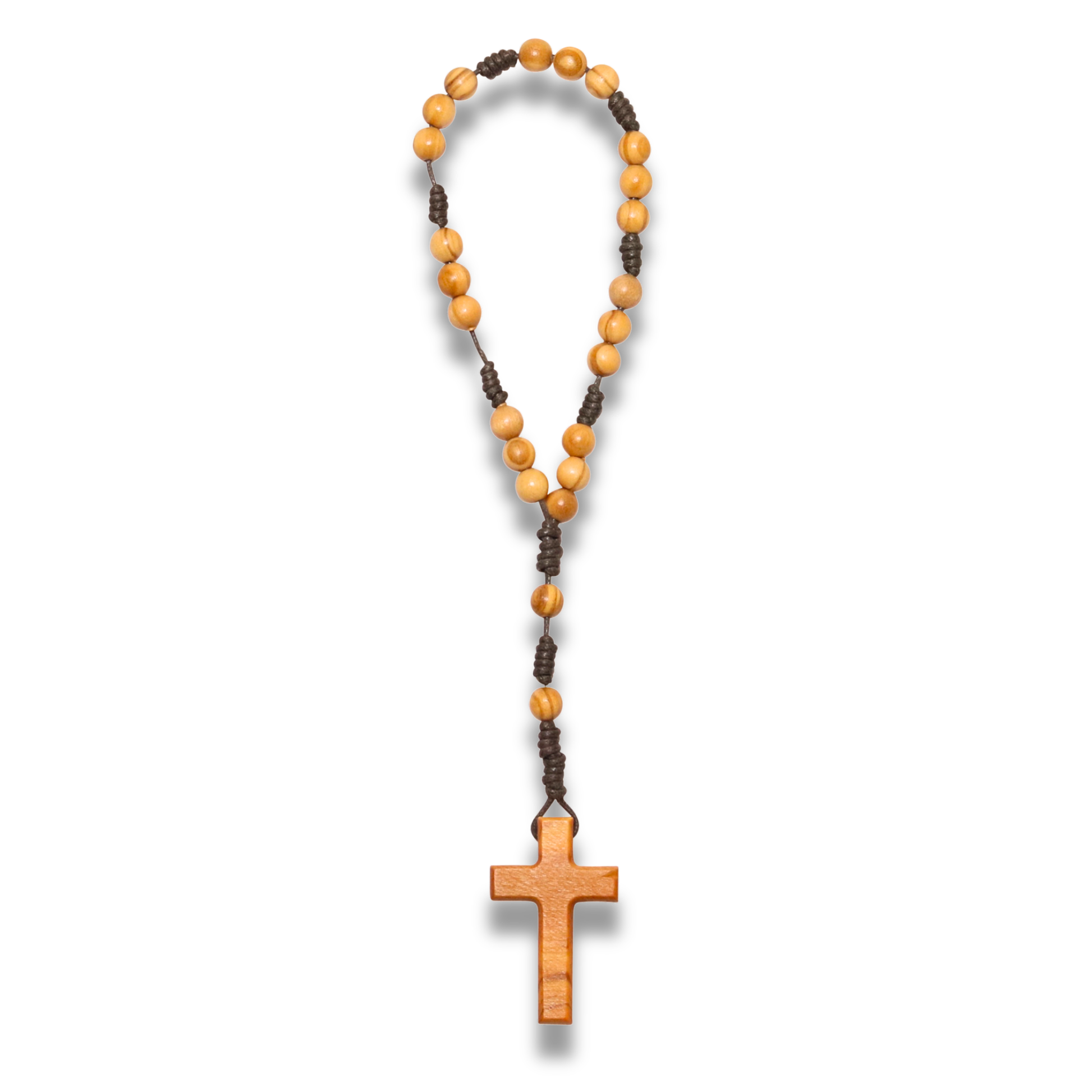 Olive wood rosary with cross pendant on a white background