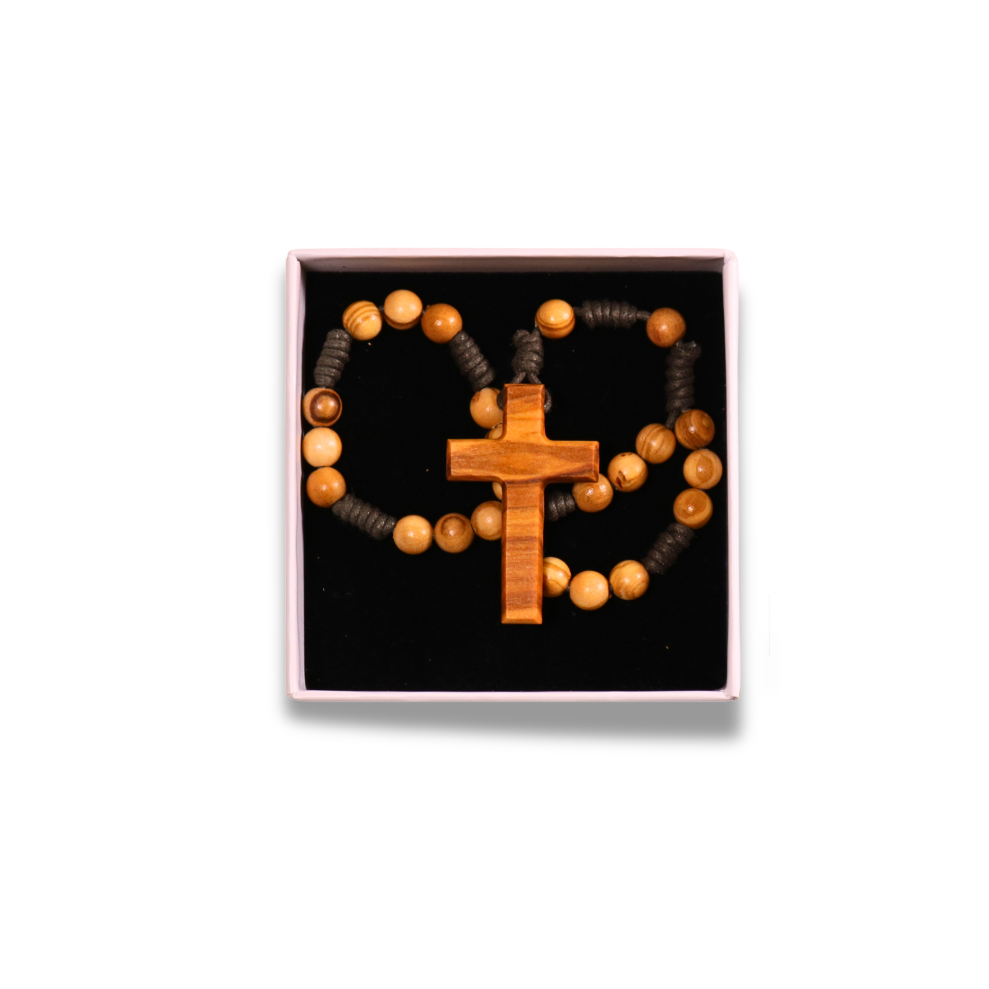 Olive wood rosary with cross pendant on a white background in a gift box