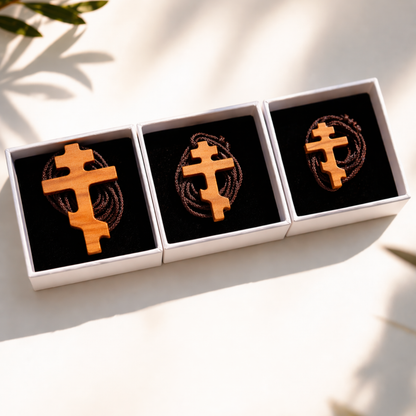 Russian orthodox olive wood cross pendants in three boxes