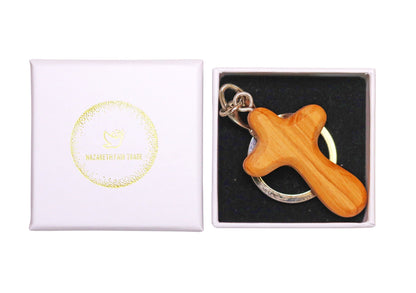 Harmonia Olive Wood Cross Keychain In Gift Box