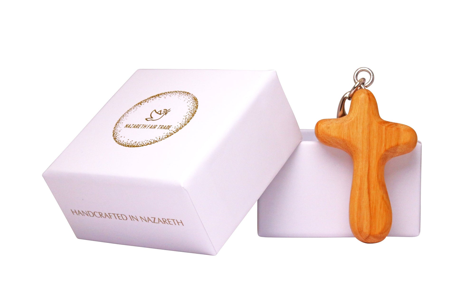 Harmonia Olive Wood Cross Keychain Outside Gift Box