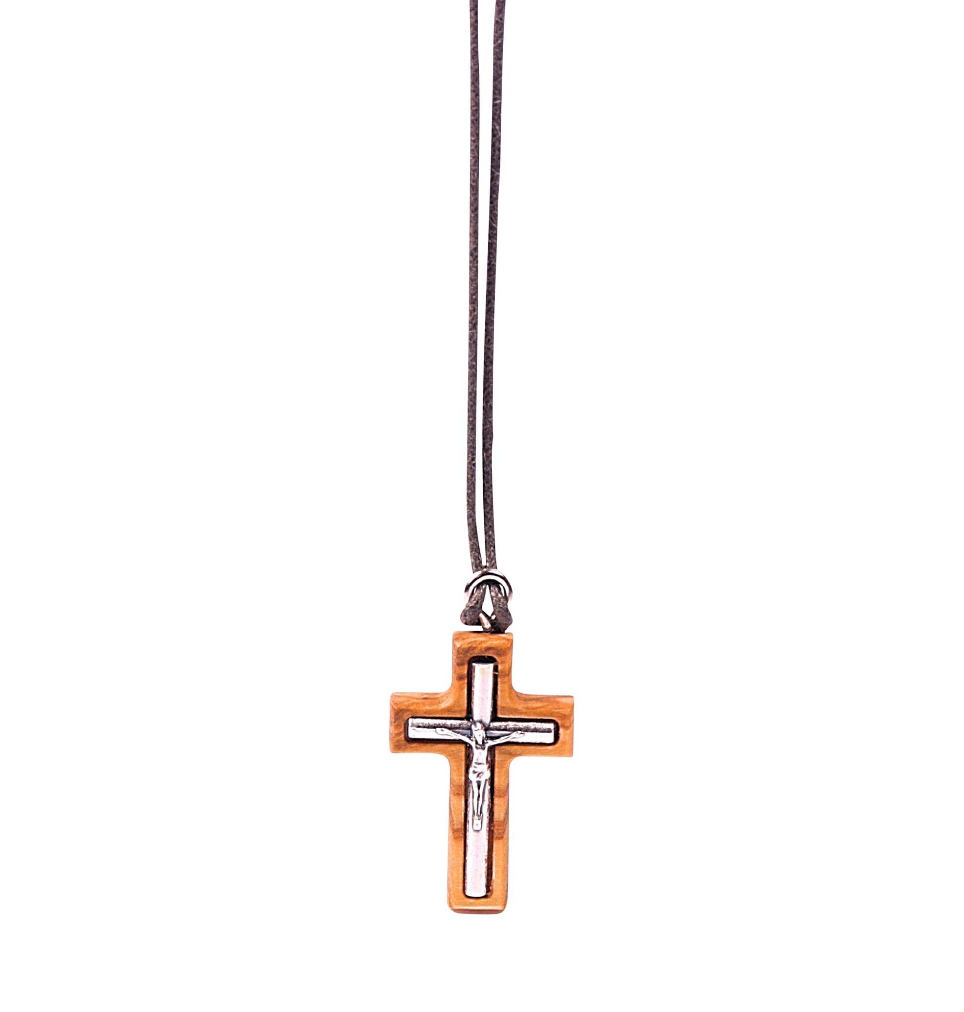 Harmony of Faith Olive Wood Crucifix Necklace Close Up