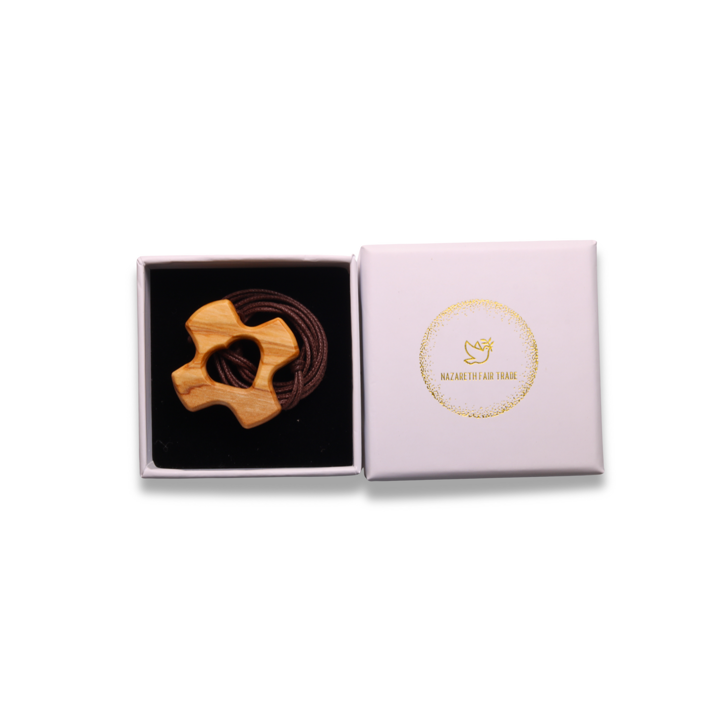 Olive wood necklace in a box with a visible brand logo on a white background