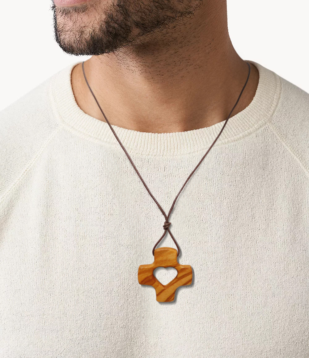 Heart Cross Olive Wood Necklace worn by man