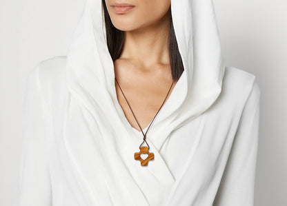 Heart Cross Olive Wood Necklace worn by woman