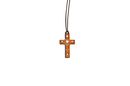Hearts of Devotion Olive Wood Cross Necklace Close Up
