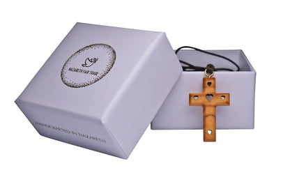 Hearts of Devotion Olive Wood Cross Necklace Outside Gift Box